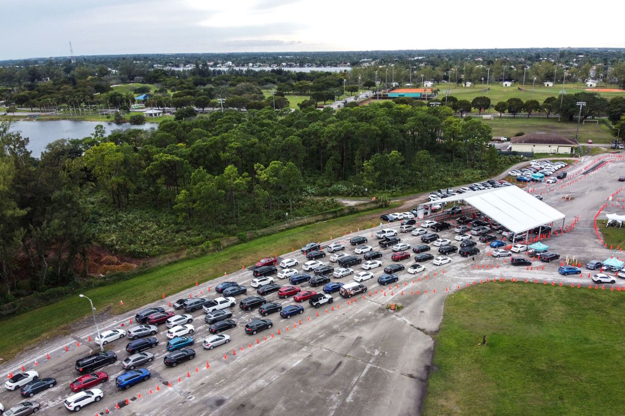 Cars line up at a Covid-19 testing site at Tropical Park in Miami on December 21.