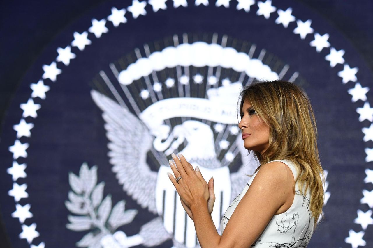 First Lady Melania Trump applauds as she attends Independence Day events at Mount Rushmore in Keystone, South Dakota, on July 3.