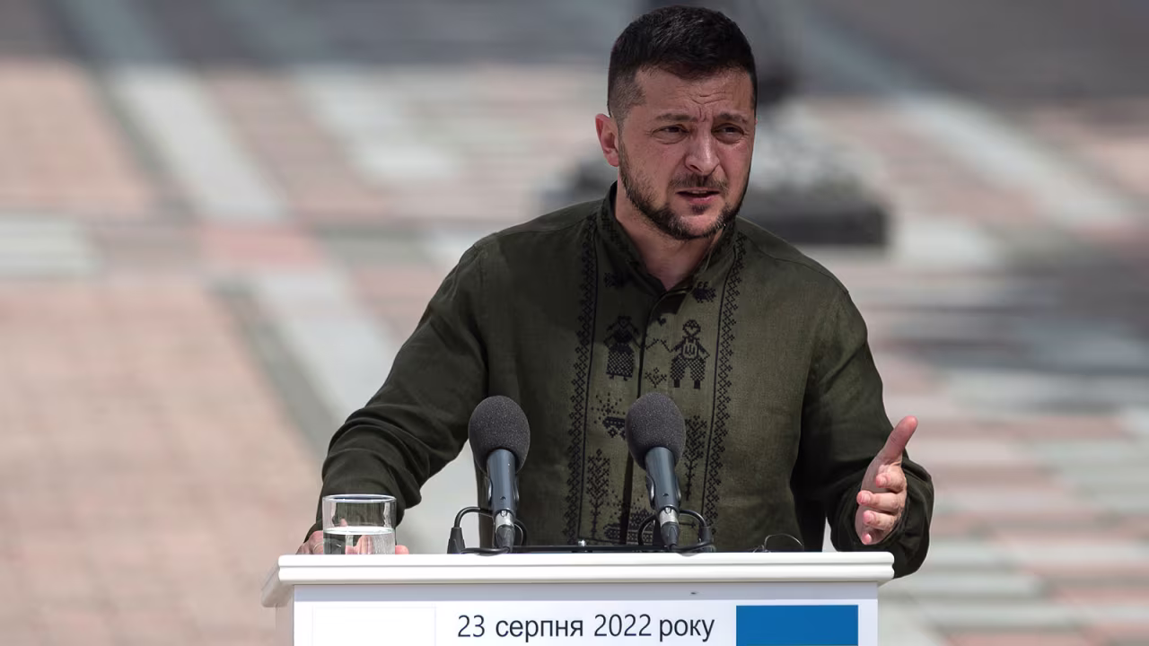Ukrainian President Volodymyr Zelensky speaks during a press conference on August 23 in Kyiv. 
