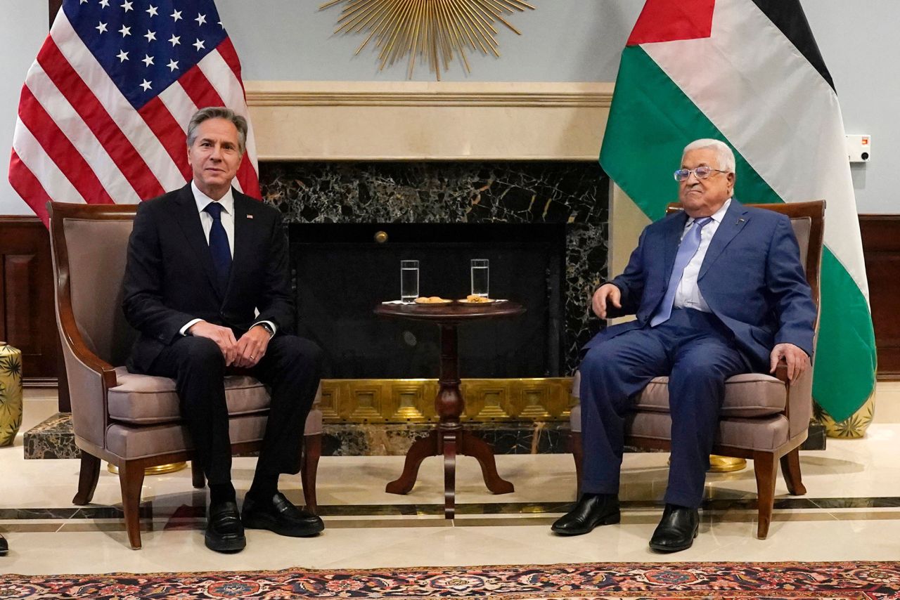 US Secretary of State Antony Blinken, left, meets with Palestinian President Mahmoud Abbas, in Amman, Jordan on October 17.