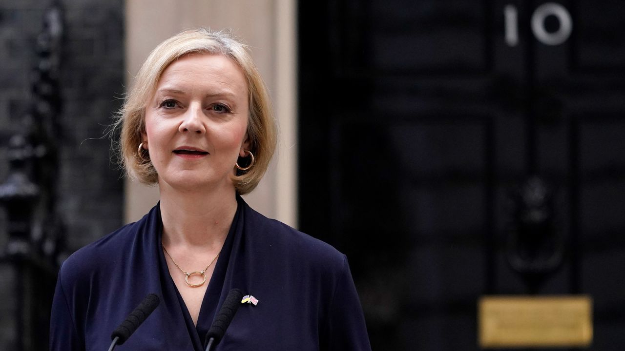 Liz Truss addresses the media in Downing Street in London, on October 20, 2022, the day she resigned as leader of the UK's Conservative Party