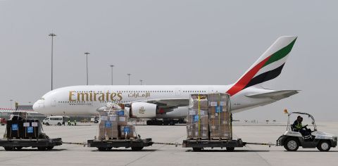Medical equipment and coronavirus testing kits provided by the World Health Organization are transported at Dubai World Central airport in Dubai on March 2.