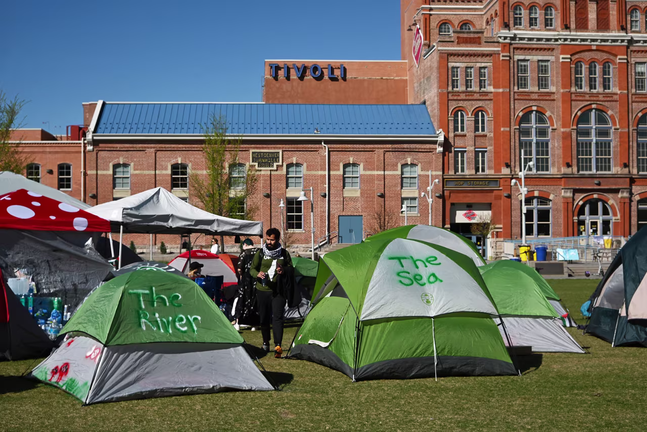 Pro-Palestinian protestors set up about 30 tents for a "sit-in" protest of the war in Gaza at Auraria campus in Denver, Colorado on Friday, April 26.