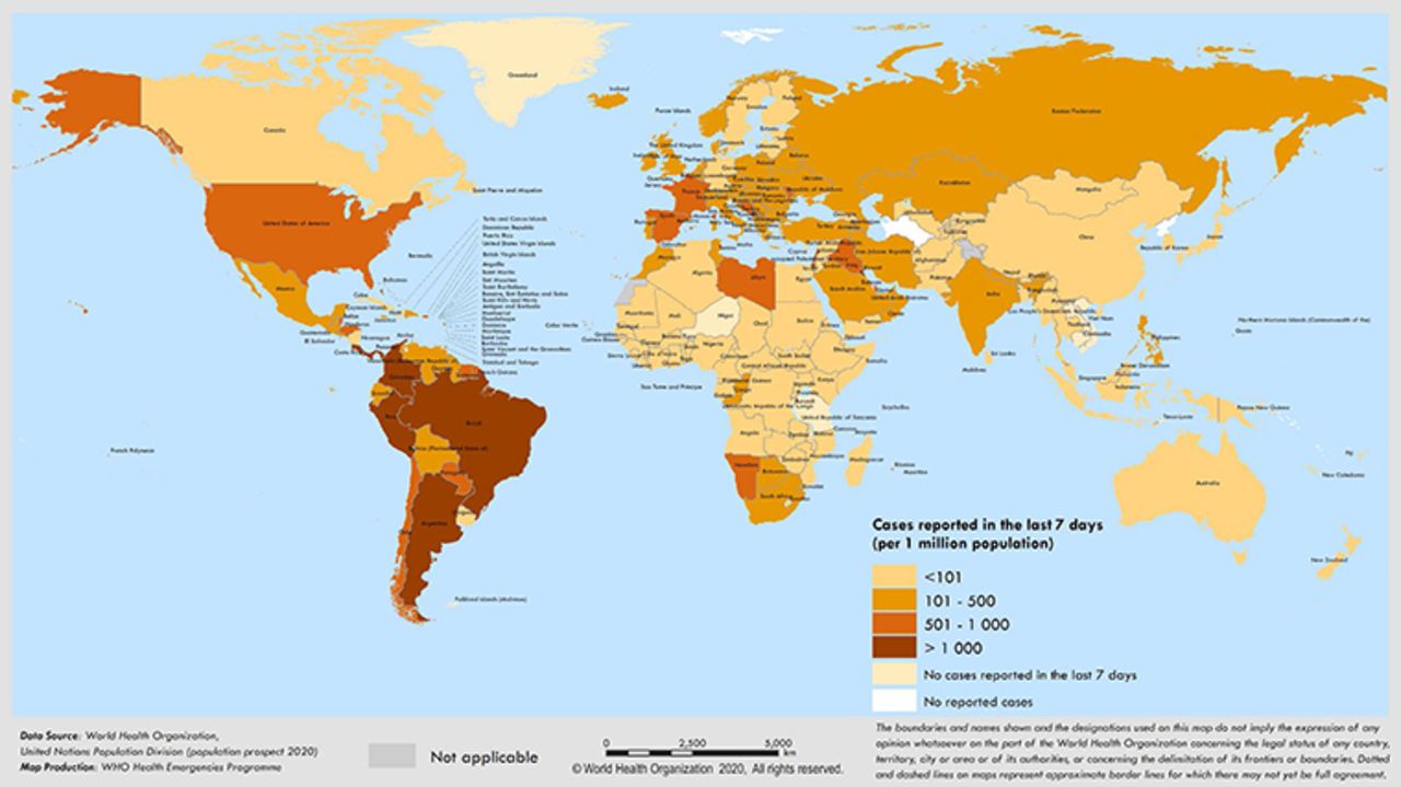 Covid-19 cases per 1 million population reported in the last seven days by countries, territories and areas, from Aug. 3 to Sept. 6, 2020