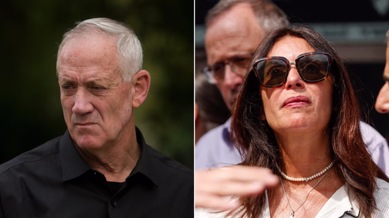 Left: Former Israeli Defense Minister Benny Gantz in Ramot Naftali on October 29, 2023; right: Israeli Transportation Minister Miri Regev in Jaffa, Israel, on August 16, 2023.