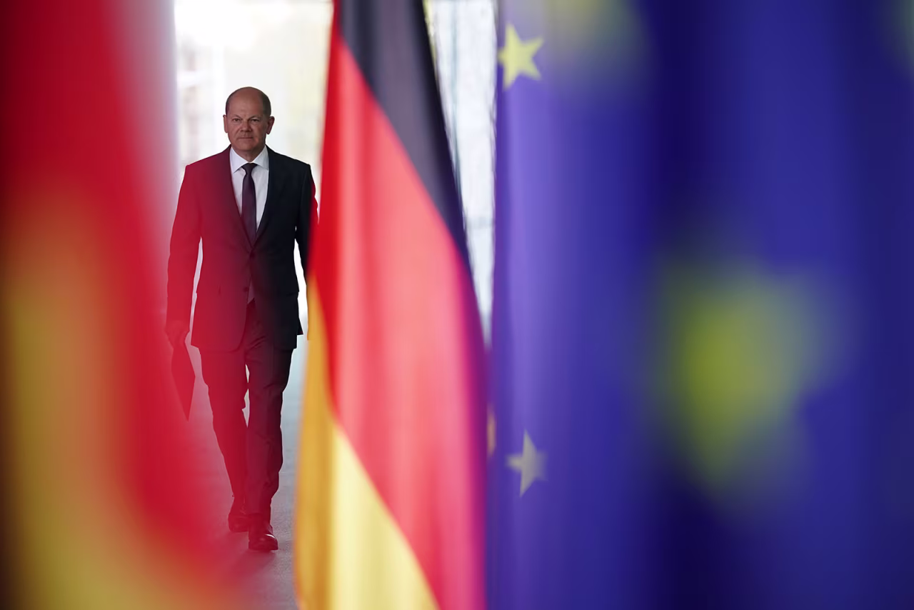 German Chancellor Olaf Scholz issues a statement following a virtual meeting with world leaders at the Chancellery on Tuesday, April 19, in Berlin.