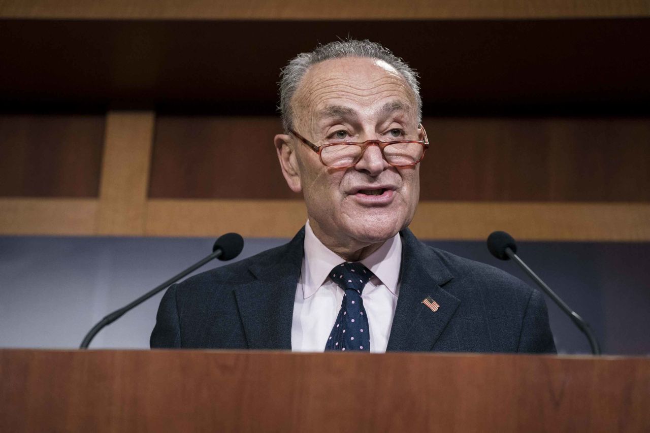 Sen. Chuck Schumer speaks during a news conference in Washington, DC on February 13.