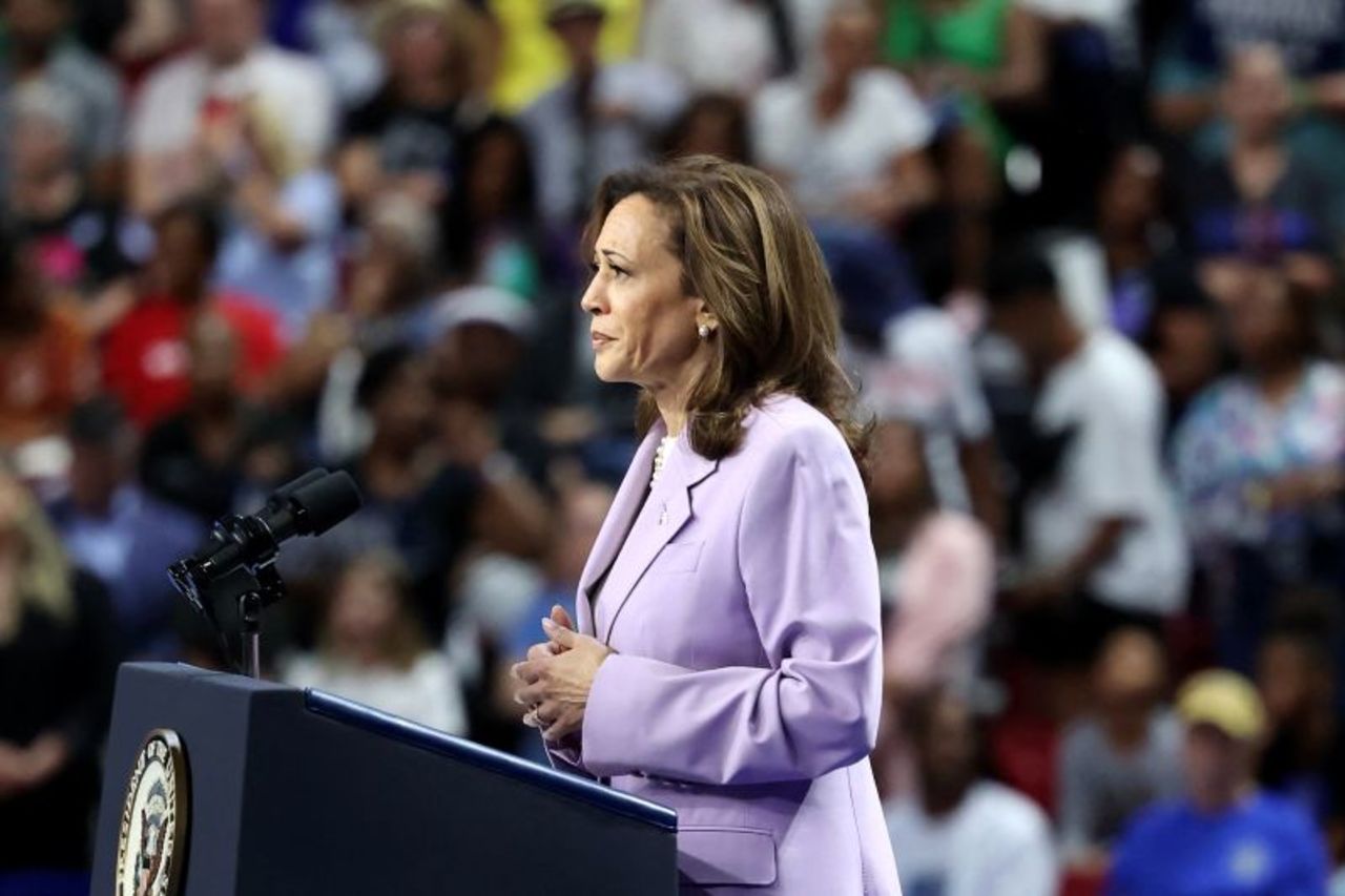 Vice President Kamala Harris speaks at a campaign rally in Las Vegas on August 10.