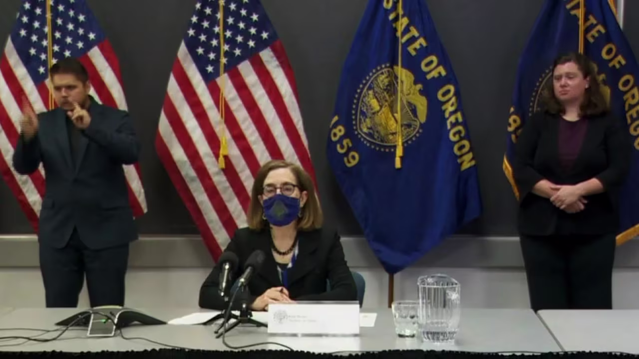 Oregon Gov. Kate Brown speaks during a wildfire press conference on Monday in Salem, Oregon. 