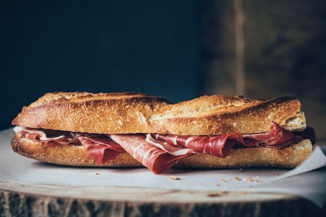 <strong>Bocadillo de jamón Ibérico, Spain: </strong>Simple and delicious, the star here is Spain's prized Iberian ham, thinly sliced and piled on crusty bread that's brushed with extra virgin olive oil. Fresh tomatoes and cheese can be added, too.