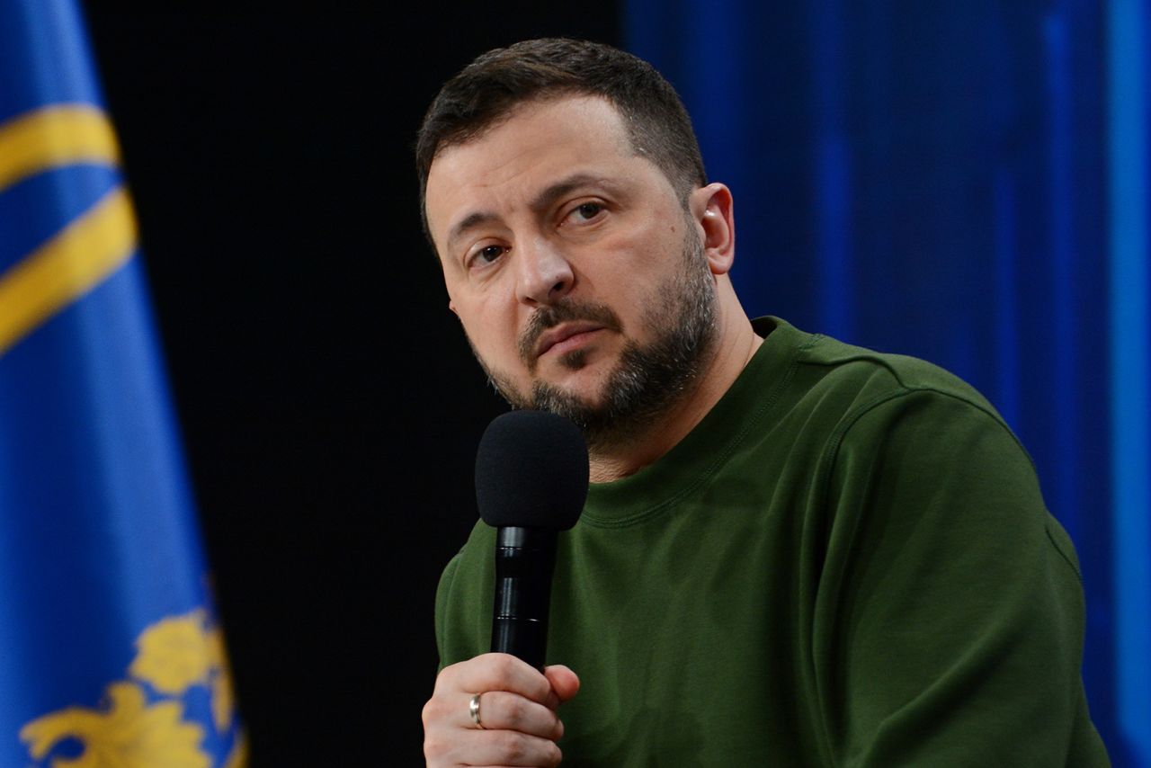 President Volodymyr Zelensky speaks during a press conference at the Ukraine Year 2024 forum in the capital Kyiv on February 25.