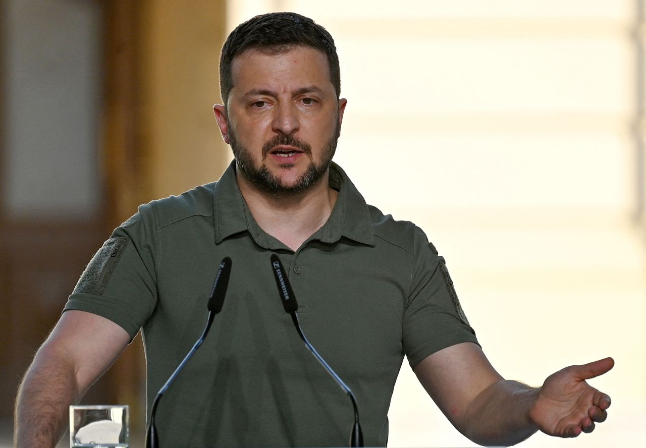 Ukrainian President Volodymyr Zelensky speaks in Kyiv, Ukraine, on June 16. 