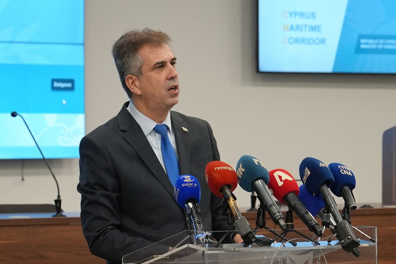 Eli Cohen gives a press conference in Larnaca, Cyprus, on December 20.