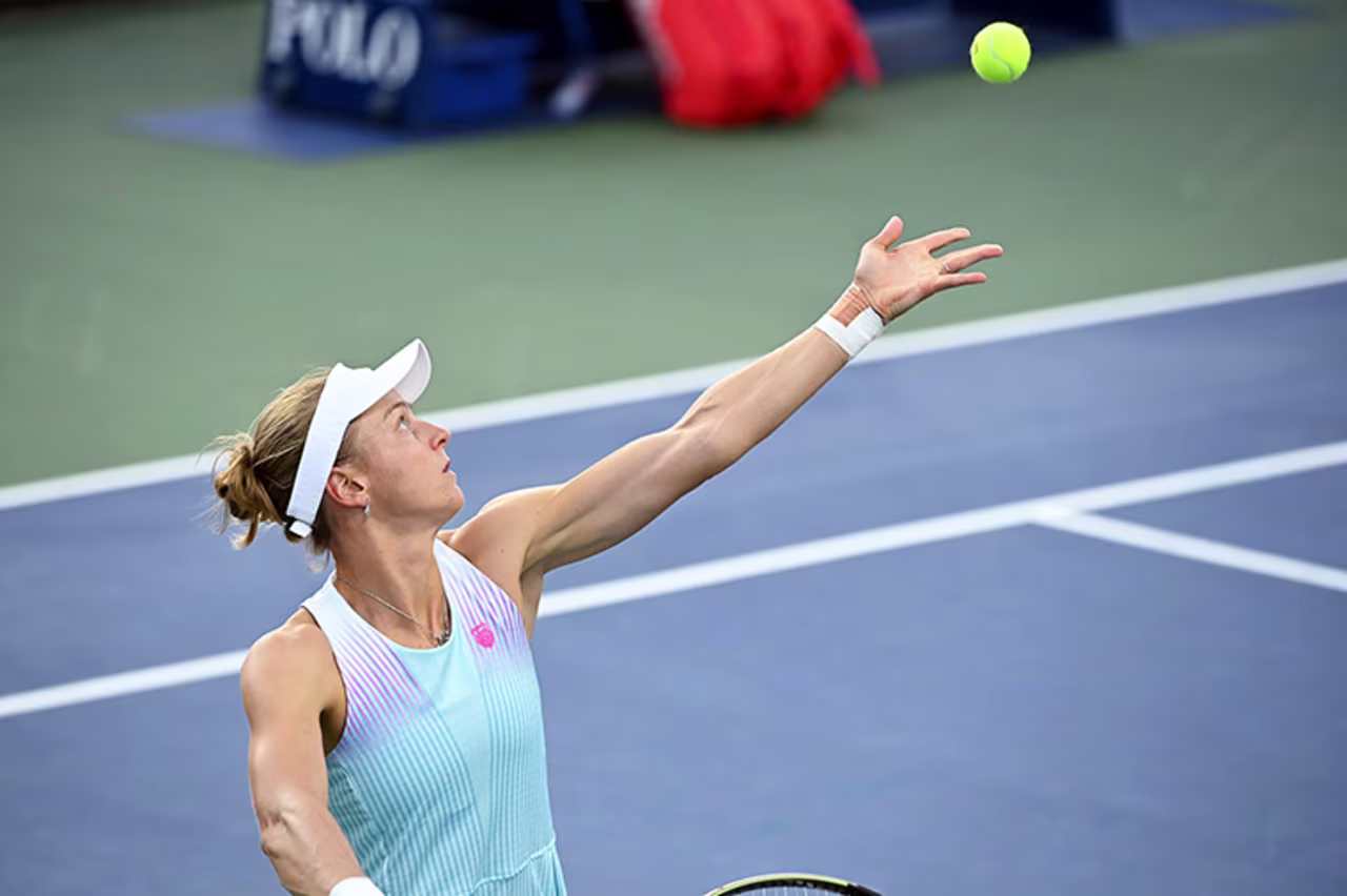Liudmila Samsonova serves during a women's singles match on Friday.