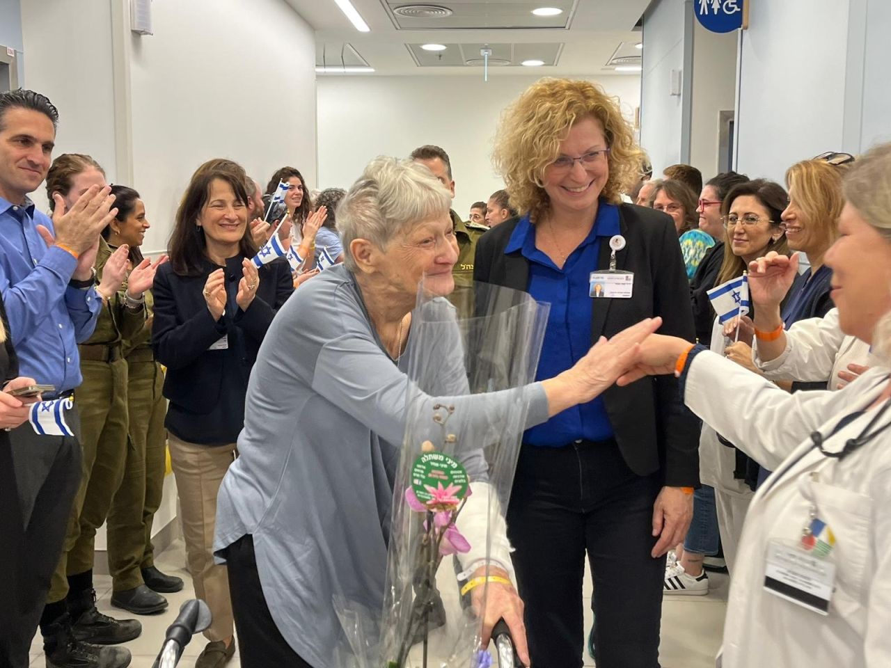 Yafa Adar says goodbye to staff at Wolfson Medical Center on Tuesday.