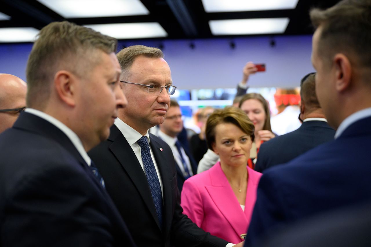 Polish president Andrzej Duda, center left, and the Government Plenipotentiary for Polish-Ukrainian Development Cooperation Jadwiga Emilewicz, center right, attend the 'Common Future' Congress for Reconstruction of Ukraine at the MTP Poznan Expo in Poznan, Poland, on September 22.