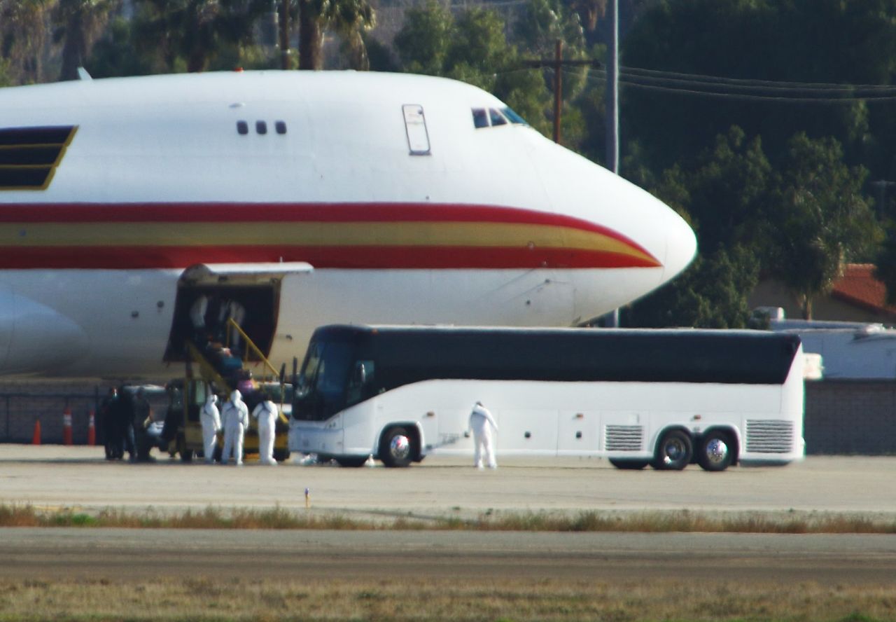 A plane carrying evacuees from Wuhan, landing at March Air Reserve Base in California on January 29, 2020.