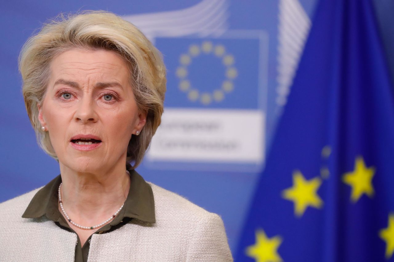 European Commission President Ursula von der Leyen speaks at the European Commission in Brussels on Sunday, February 27.
