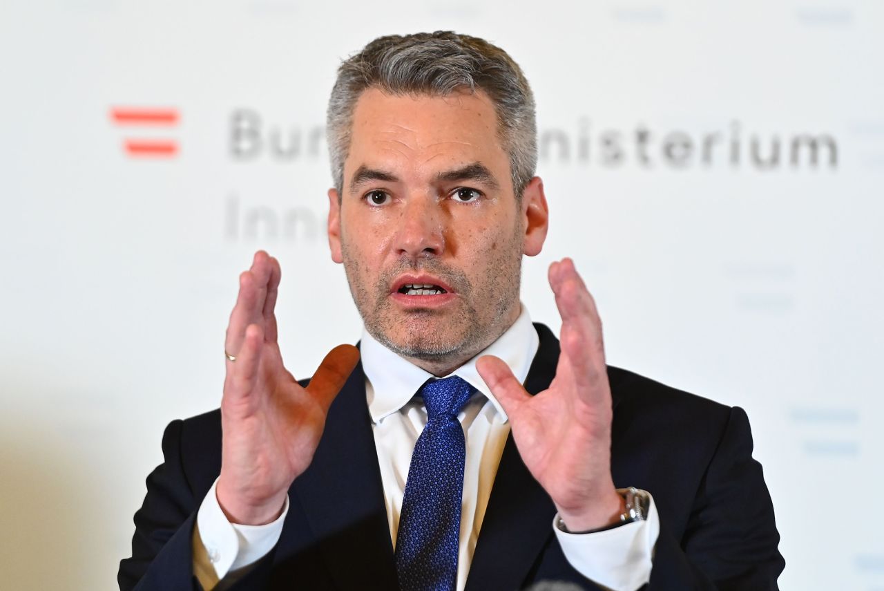 Austria's Interior minister Karl Nehammer speaks during a press conference in Vienna, on November 2. 