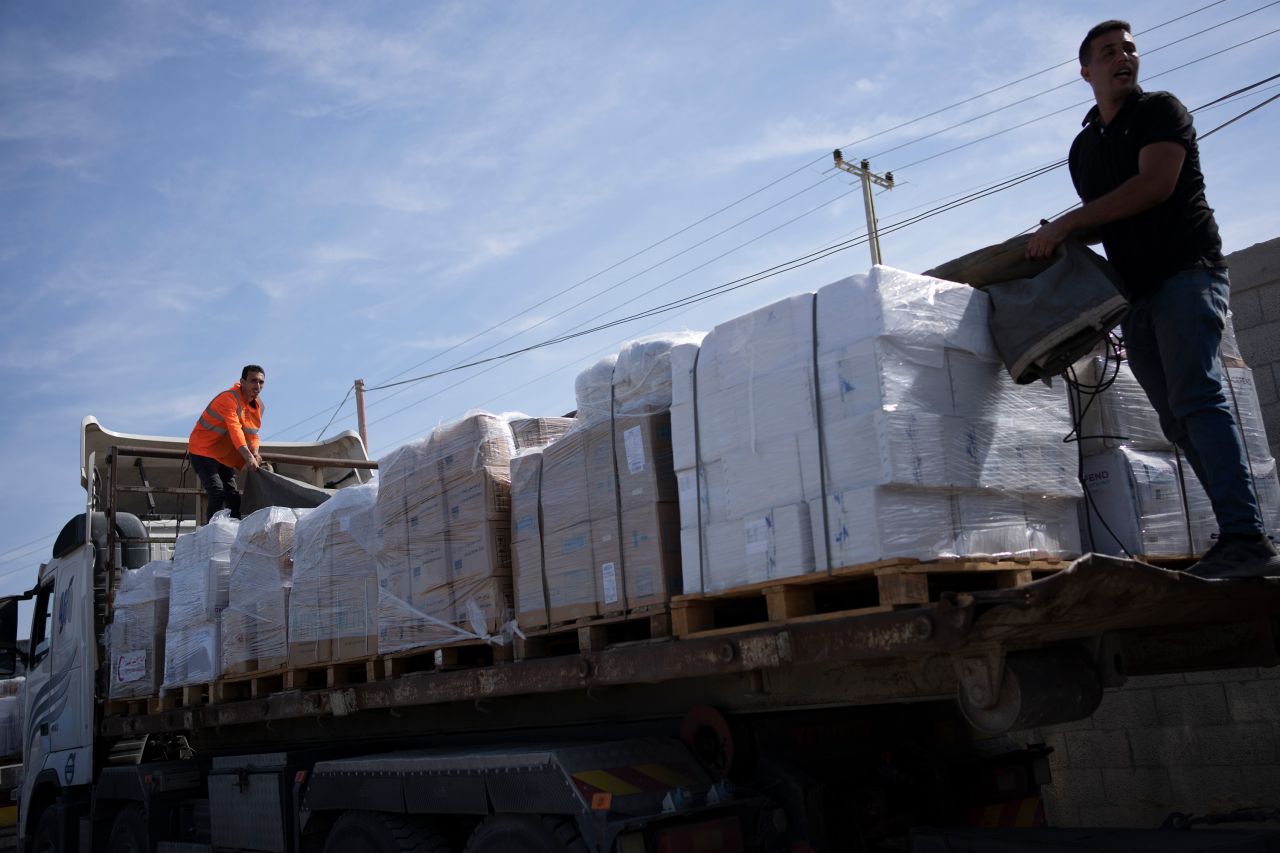 A truck with humanitarian aid arrives in Rafah, Gaza, on Saturday, October 21.