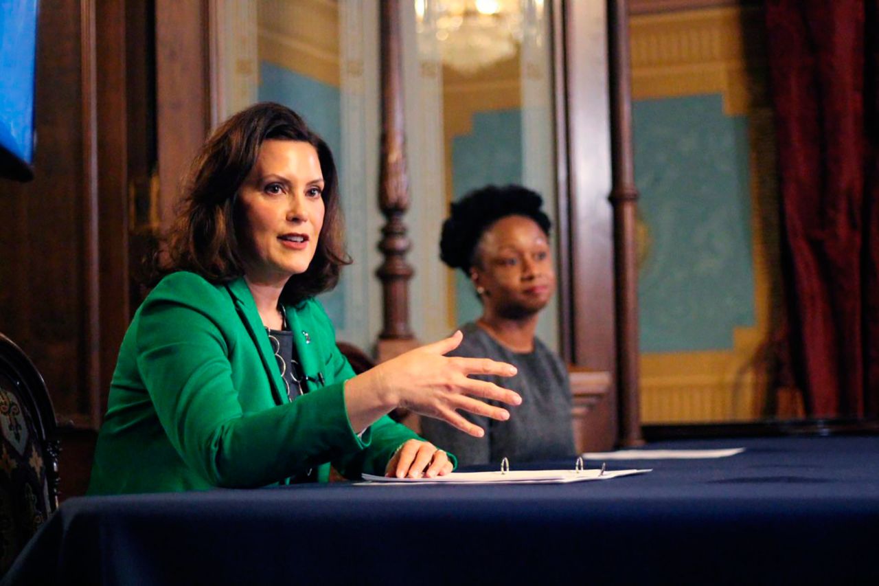 Gov. Gretchen Whitmer gives a speech on April 9, in Lansing, Michigan.