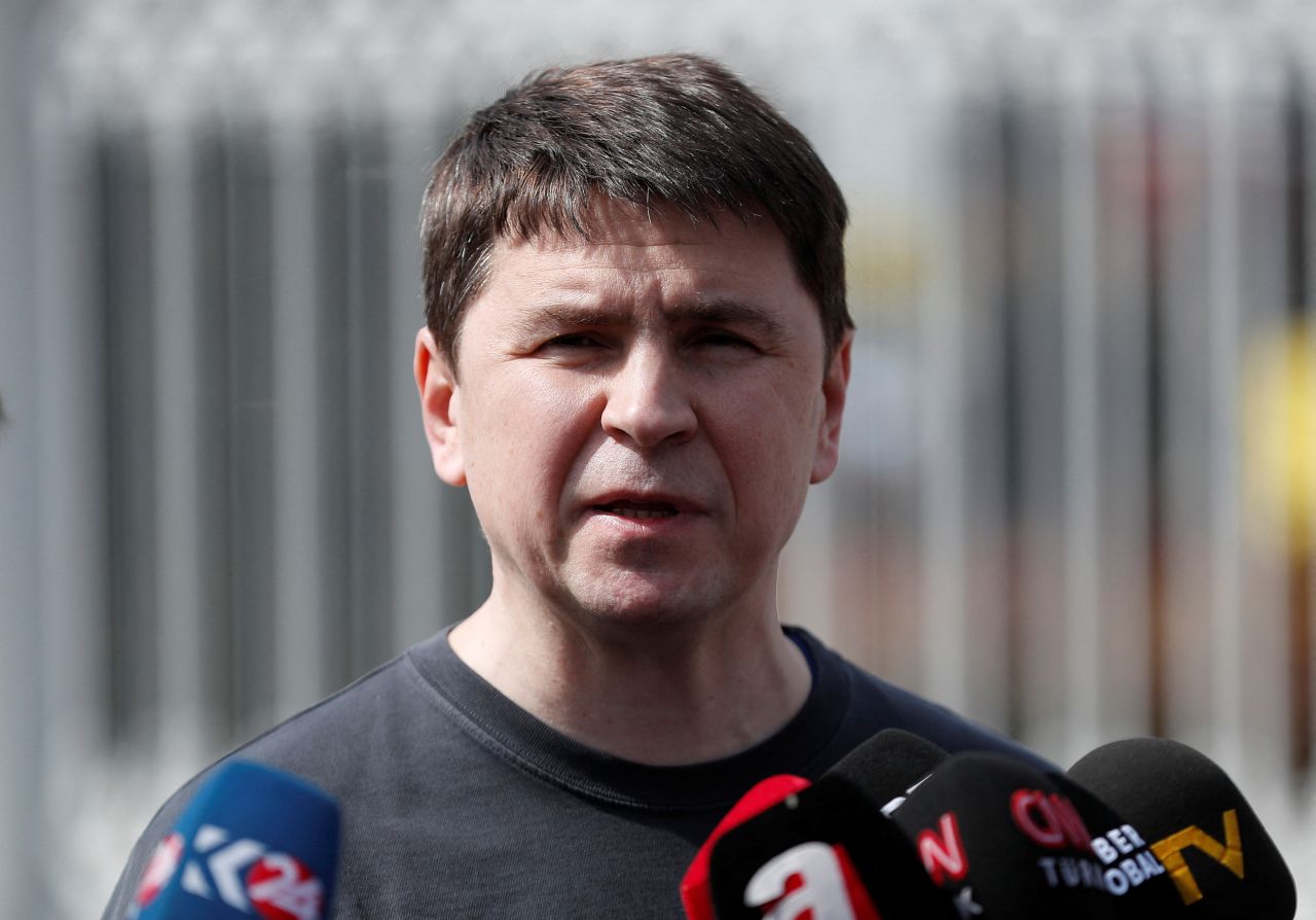 Mykhailo Podolyak, a political adviser to Ukrainian President Volodymyr Zelenskiy, speaks to the media after a meeting with Russian negotiators in Istanbul, Turkey, on March 29.