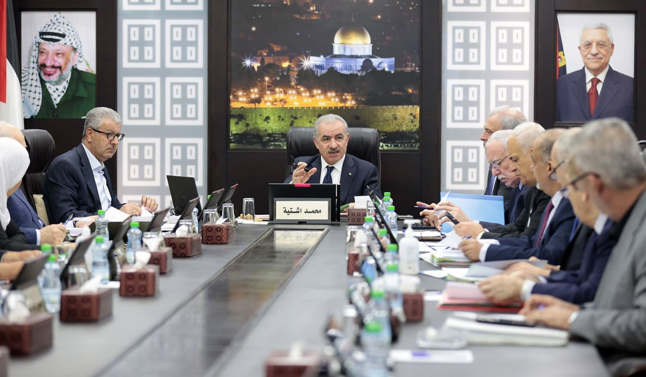 Palestinian Authority Prime Minister Mohammad Shtayyeh holds a meeting in the West Bank city of Ramallah on October 9.