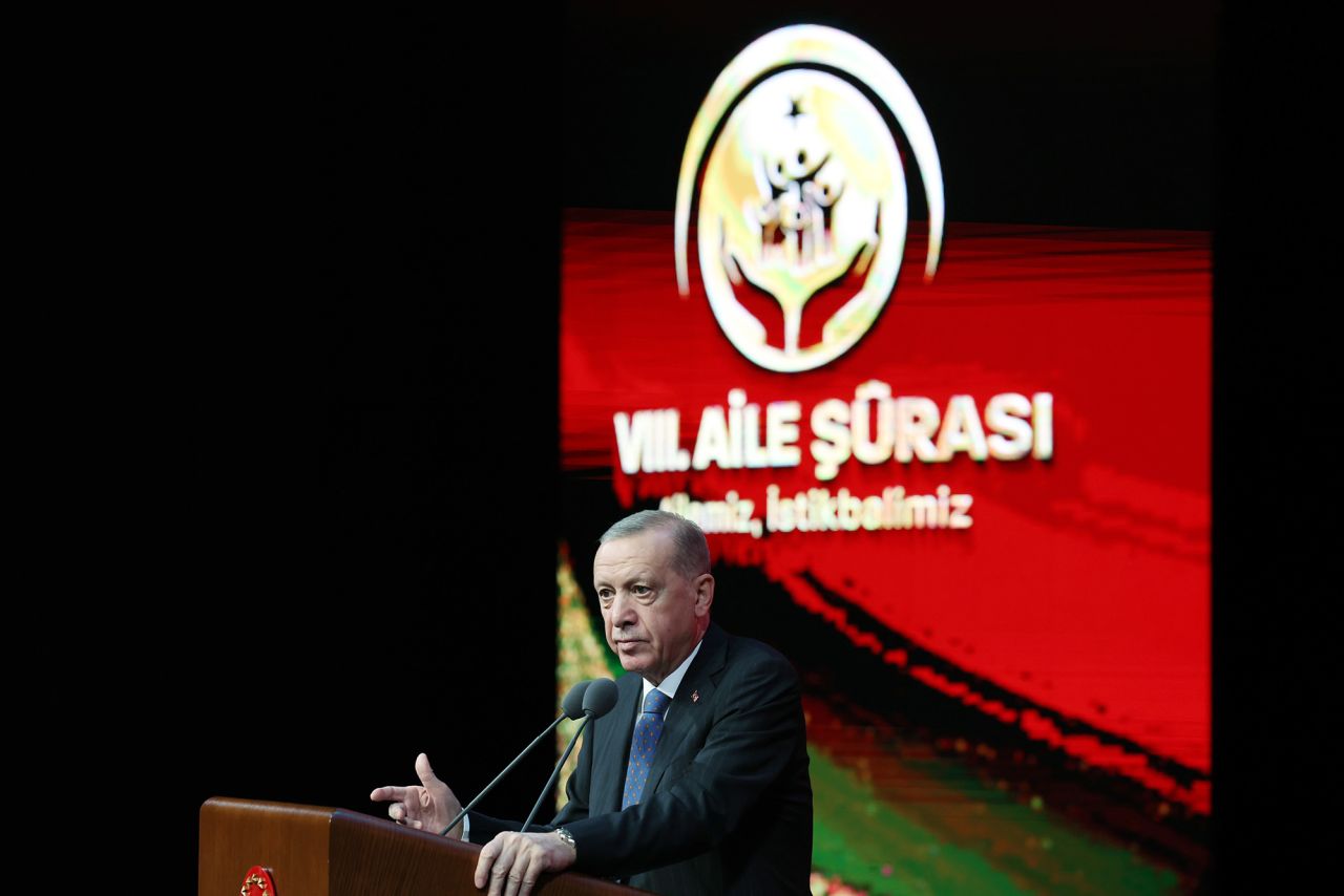 Turkish President Recep Tayyip Erdogan makes a speech as he attends the 8th Family Council at the Bestepe Nation's Convention and Culture Center in Ankara, Turkey, on October 26.