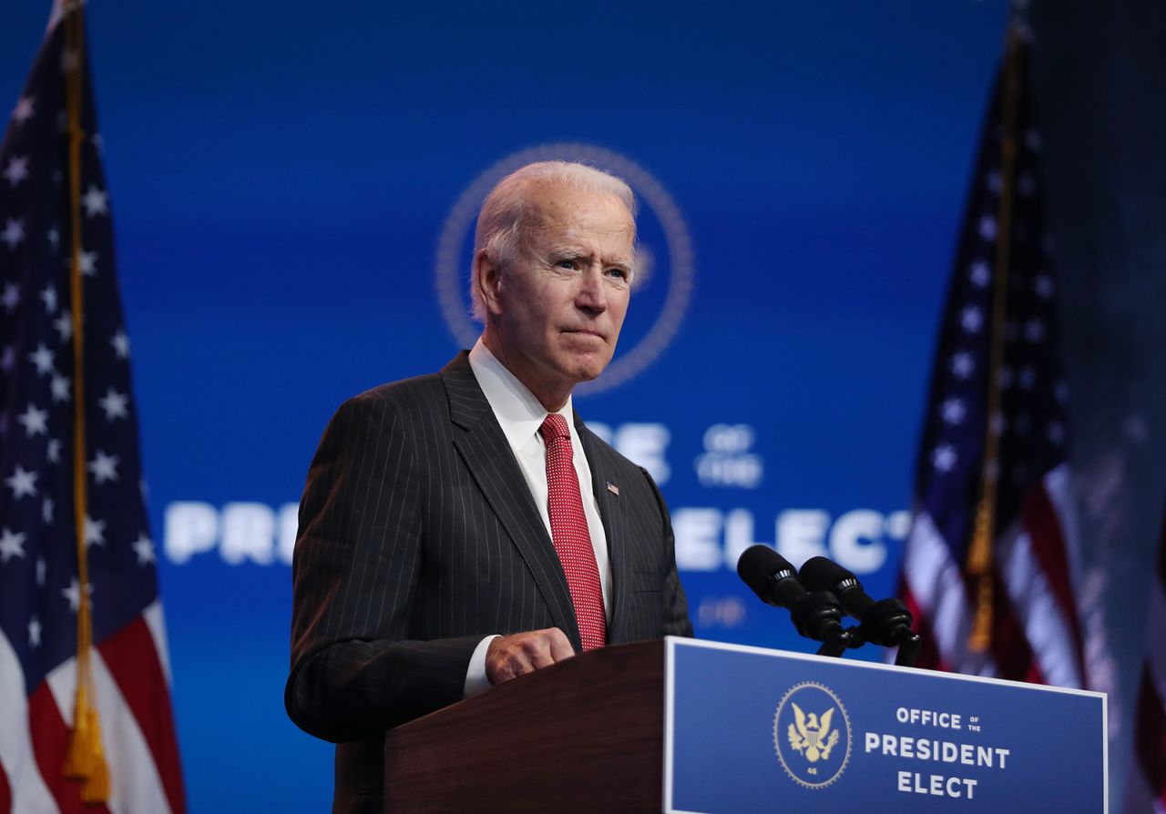 President-elect Joe Biden speaks as he addresses the media after a virtual meeting with the National Governors Association's executive committee at the Queen Theater on November 19, in Wilmington, Delaware.
