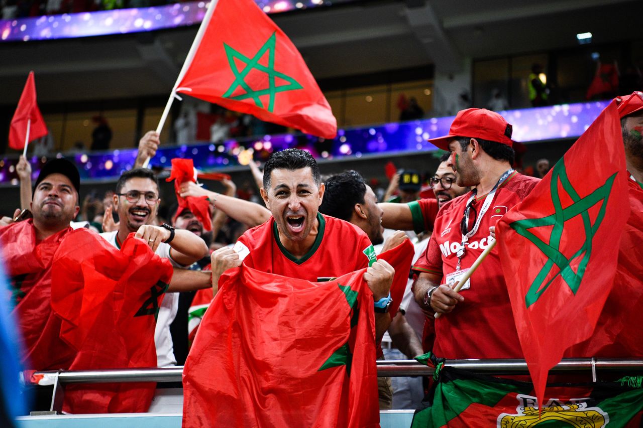 Fans celebrate Morocco’s win over Belgium on Sunday. 