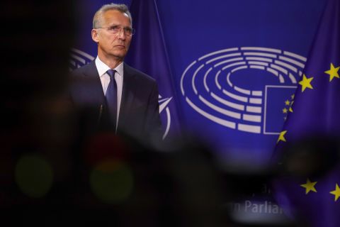 NATO Secretary General Jens Stoltenberg at the European Parliament in Brussels, Belgium, on April 28, 2022.