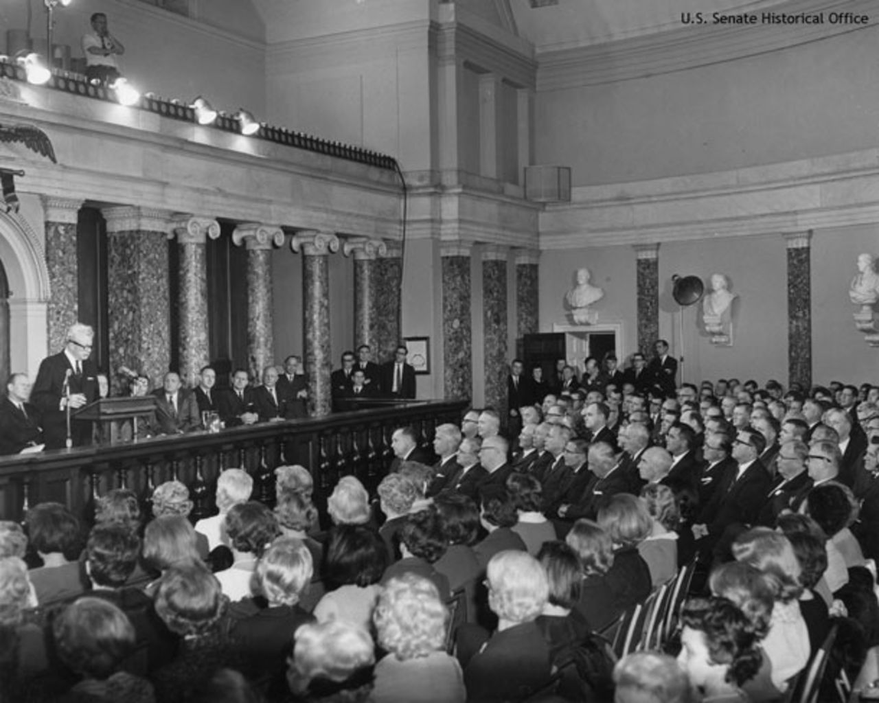 In this 1966 photo, Senate Republican Leader Everett Dirksen, at the podium, delivers the first official opposition response to a State of the Union Address.