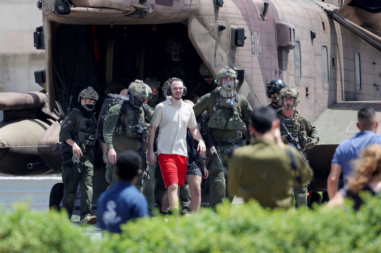 Andrey Kozlov disembarks from a helicopter after his rescue from Hamas captivity, in Ramat Gan, Israel, on June 8.