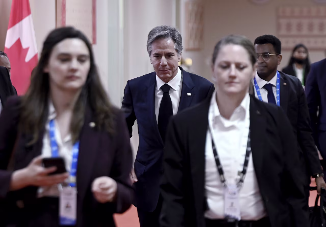 U.S. Secretary of State Antony Blinken walks to a meeting on the sideline of the G20 foreign ministers' meeting in New Delhi, India, on March 2.