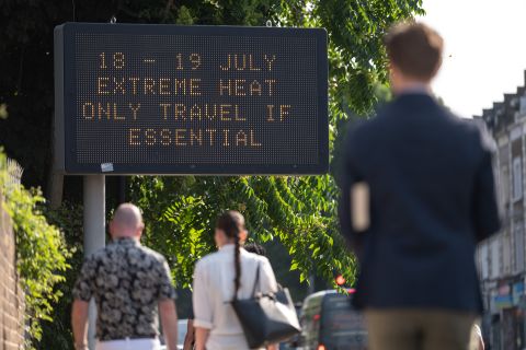 An LED sign on a London street carries an extreme heat warming, London, England, on July 19.
