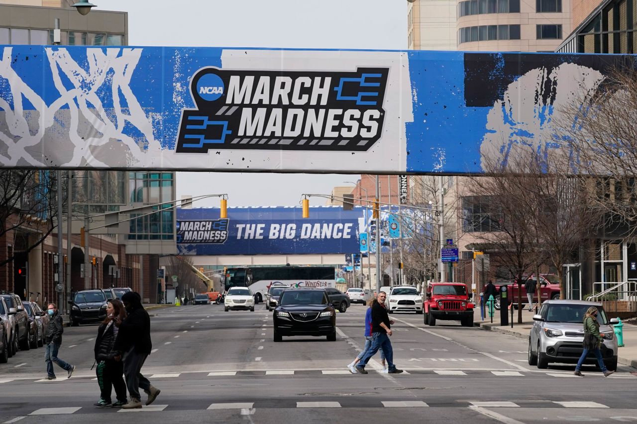 March Madness banners for the NCAA college basketball tournament cover crosswalks in downtown Indianapolis on March 17.