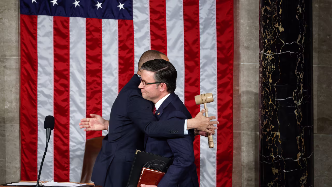 Rep. Hakeem Jeffries embraces Rep. Mike Johnson after becoming US House speaker in the House Chamber at the US Capitol in Washington, DC, on Wednesday, Oct. 25, 2023. 