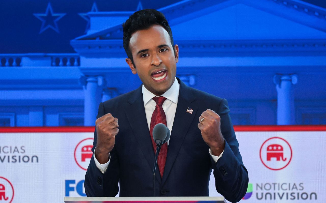 Former biotech executive Vivek Ramaswamy speaks during the second Republican candidates' debate of the 2024 presidential campaign at the Ronald Reagan Presidential Library in Simi Valley, California, on Wednesday.