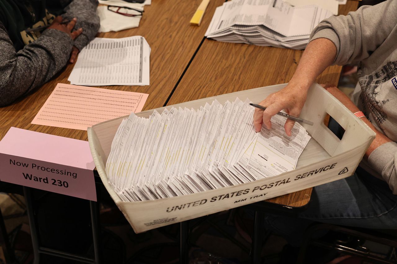 Workers count mail-in and in-person absentee ballots at the Wisconsin Center in Milwaukee, Wisconsin, on November 8, 2022.