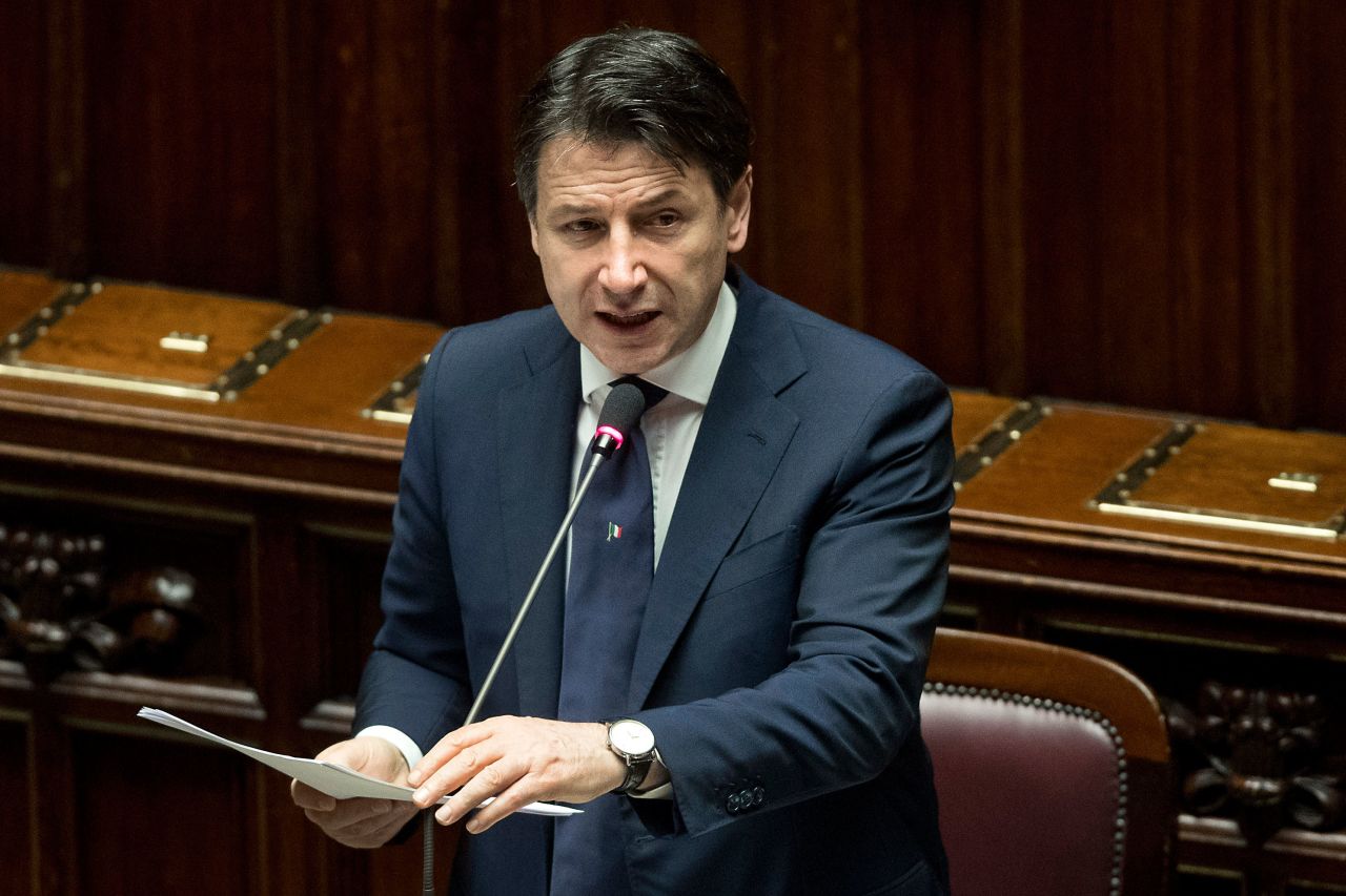 Italian Prime Minister Giuseppe Conte speaks at the Italian Parliament in Rome, on April 21.