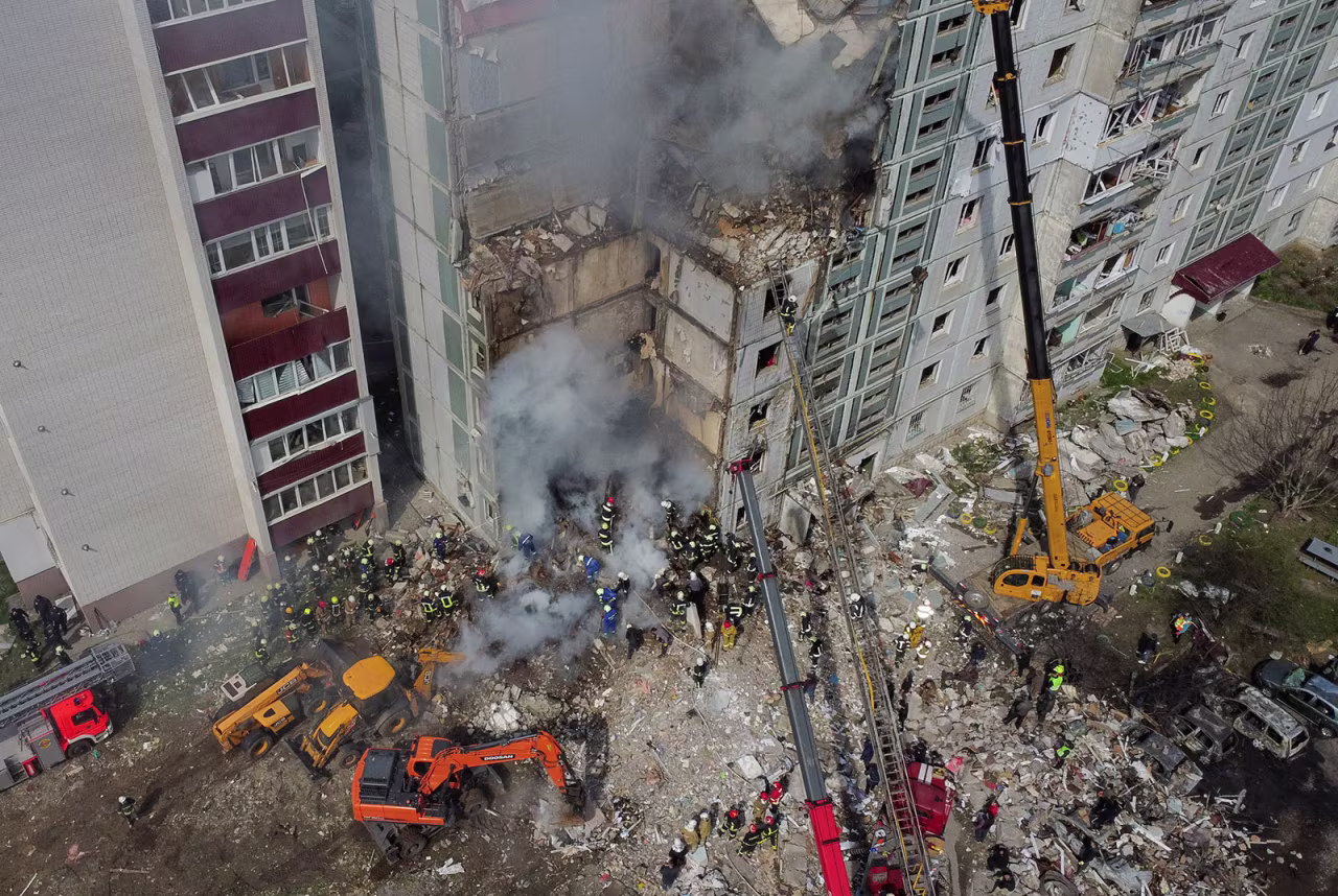 An aerial view shows a heavily damaged residential building in the town of Uman, Ukraine on Friday, April 28.