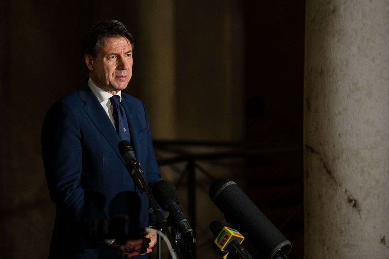 Italian Prime Minister Giuseppe Conte makes a statement to journalists in Cremona, Italy, on April 28.