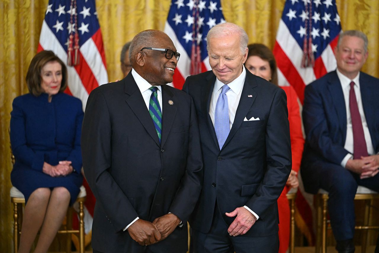 President Joe Biden presents Rep. Jim Clyburn with the Presidential Medal of Freedom in Washington, DC, on May 3. 