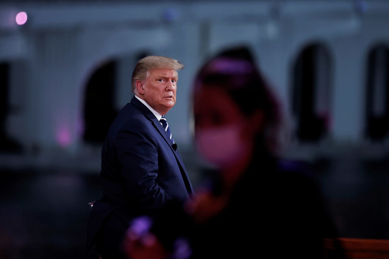 President Donald Trump looks on during a commercial break during a live one-hour NBC News town hall forum with a group of Florida voters in Miami on Thursday.