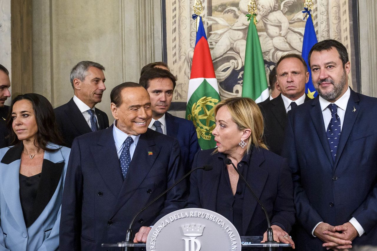 Giorgia Meloni, center, is pictured with Silvio Berlusconi and other members of Italy's right-wing coalition during a press conference in Rome, in October 2022.