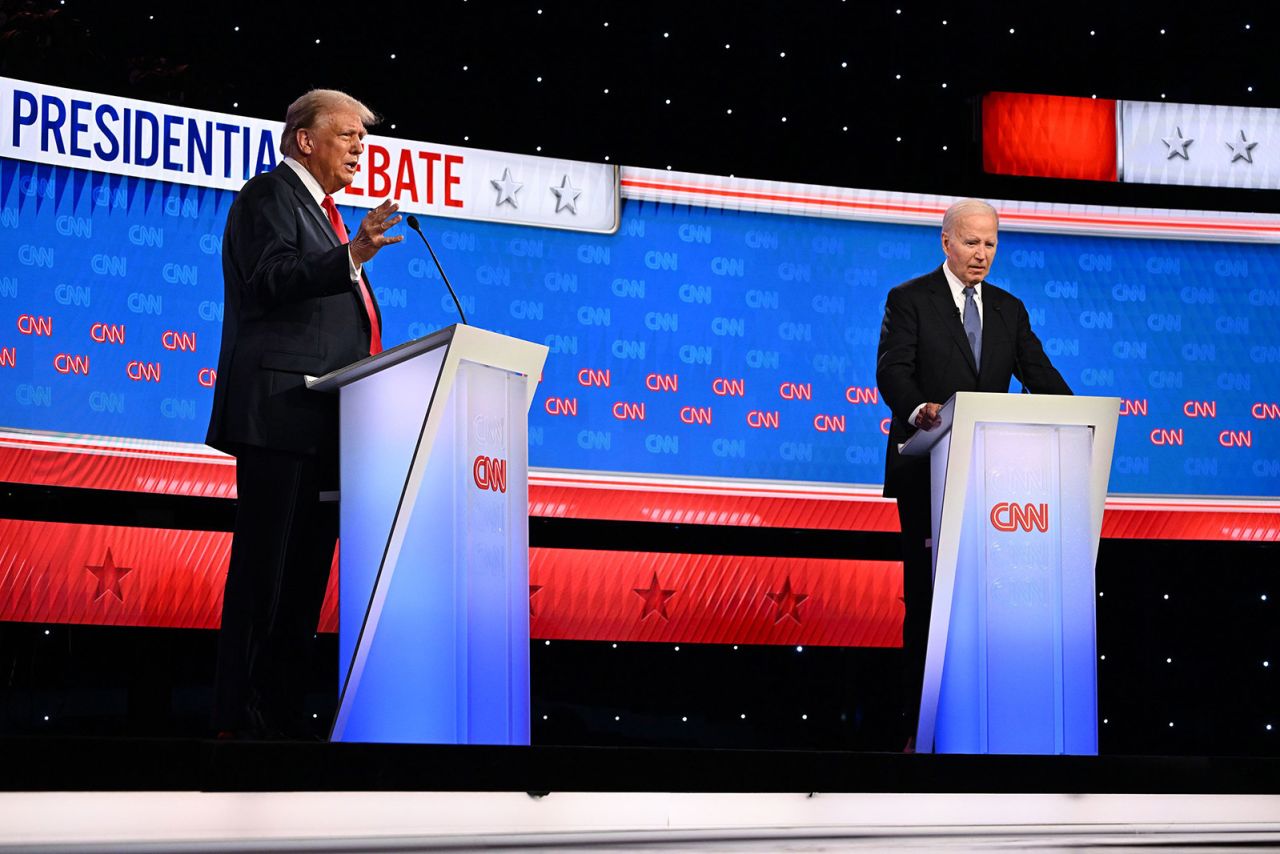 Former President Donald Trump and President Joe Biden debate at CNN's Atlanta studios on June 27, 2024.