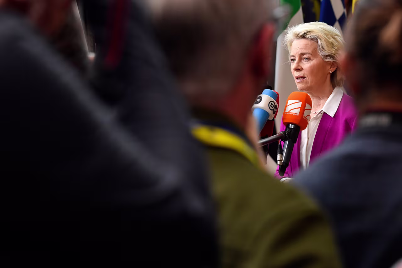 European Commission President Ursula von der Leyen speaks to the media in Brussels on Monday.