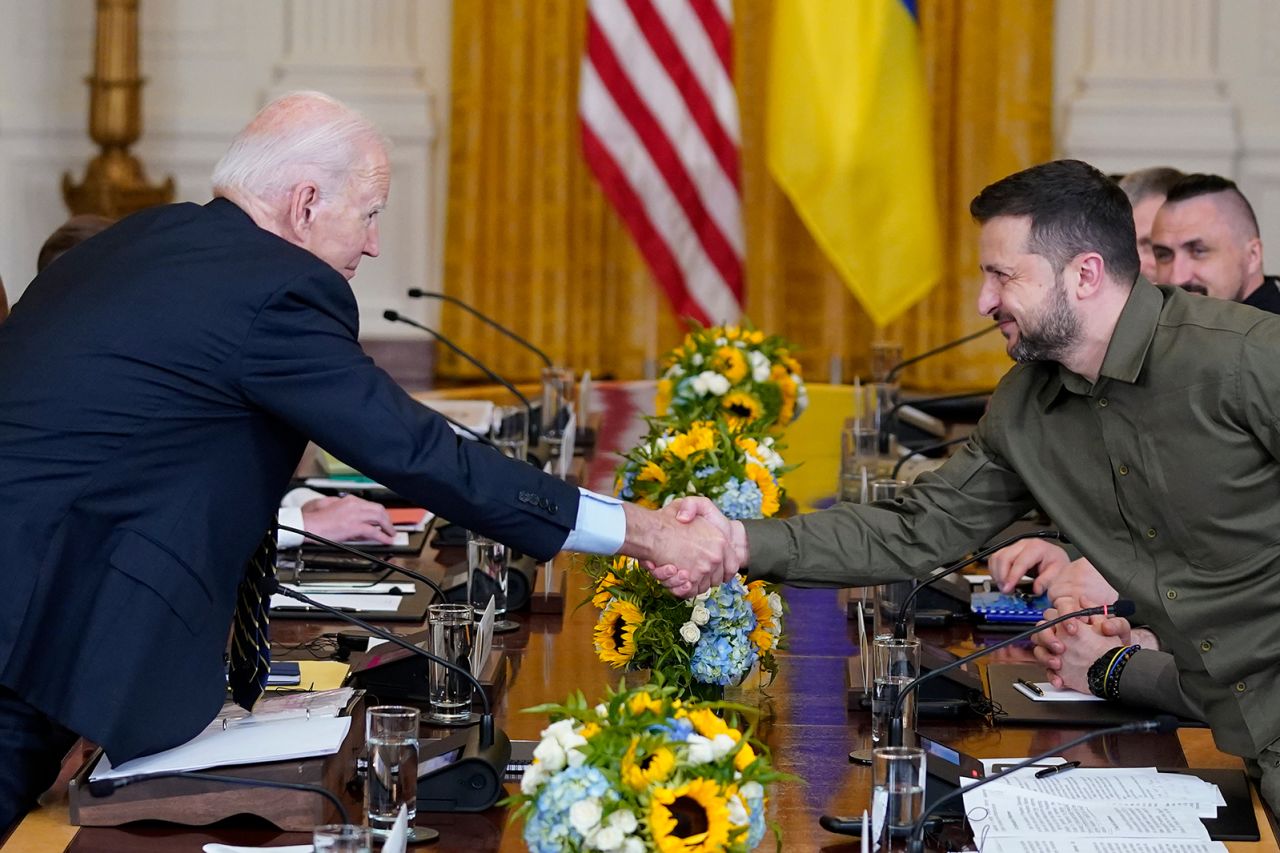 Joe Biden shakes hands with Volodymyr Zelensky in the East Room of the White House,  in Washington on September 21.