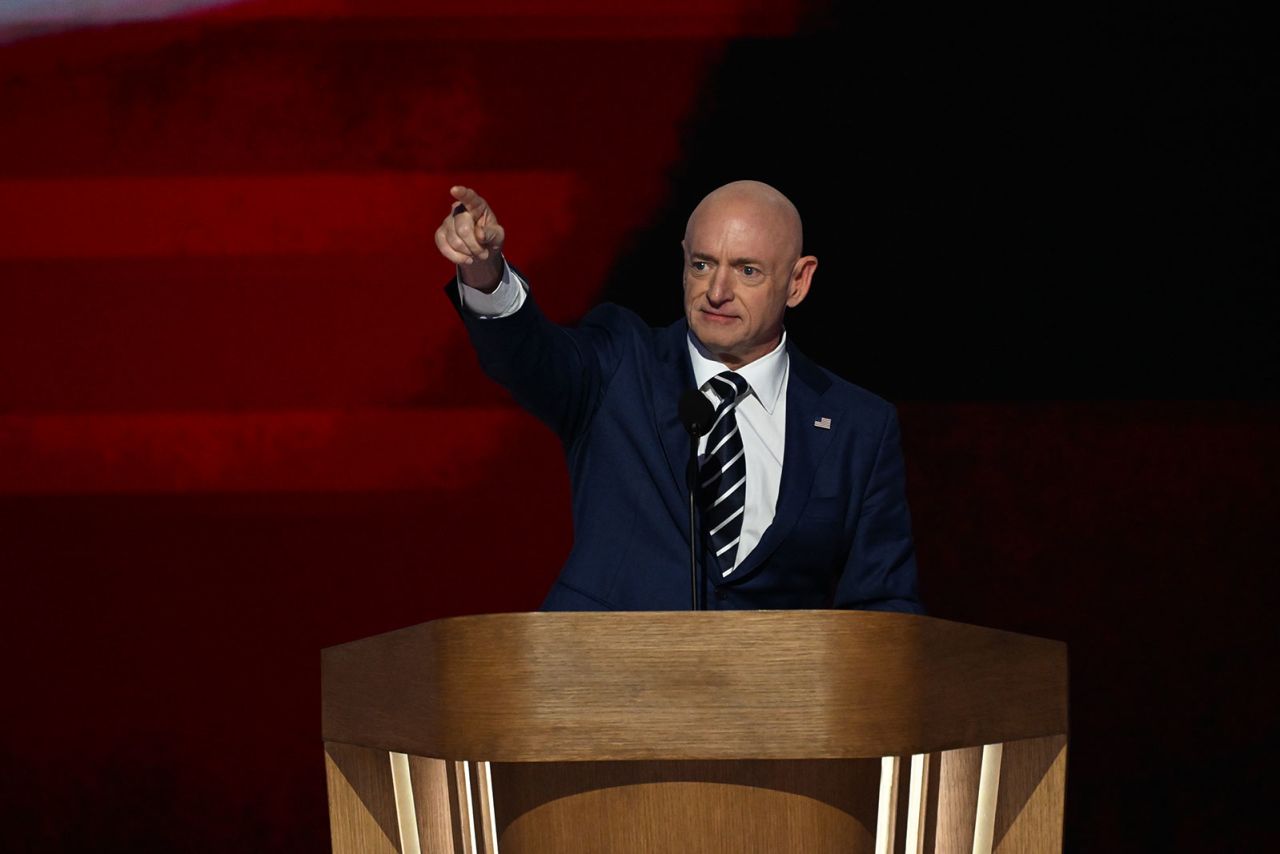 Sen. Mark Kelly speaks on Thursday, August 22, in Chicago during the DNC.