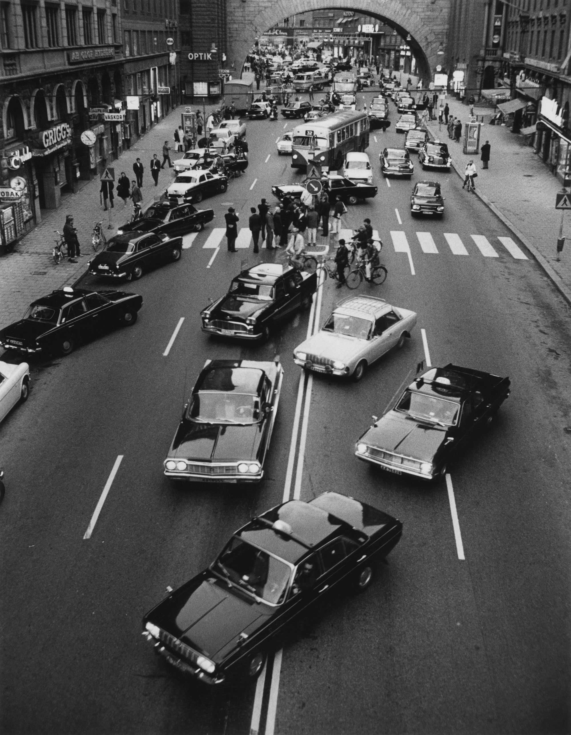A street in Stockholm, Sweden, at 5 am. on September 3, 1967 when cars switched from left to right side driving.